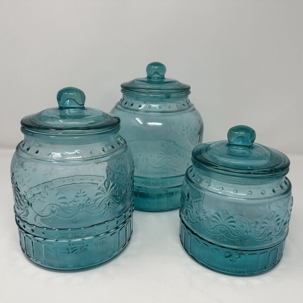The Pioneer Woman Cassie Teal Embossed Glass Canister 3-Piece Set READ